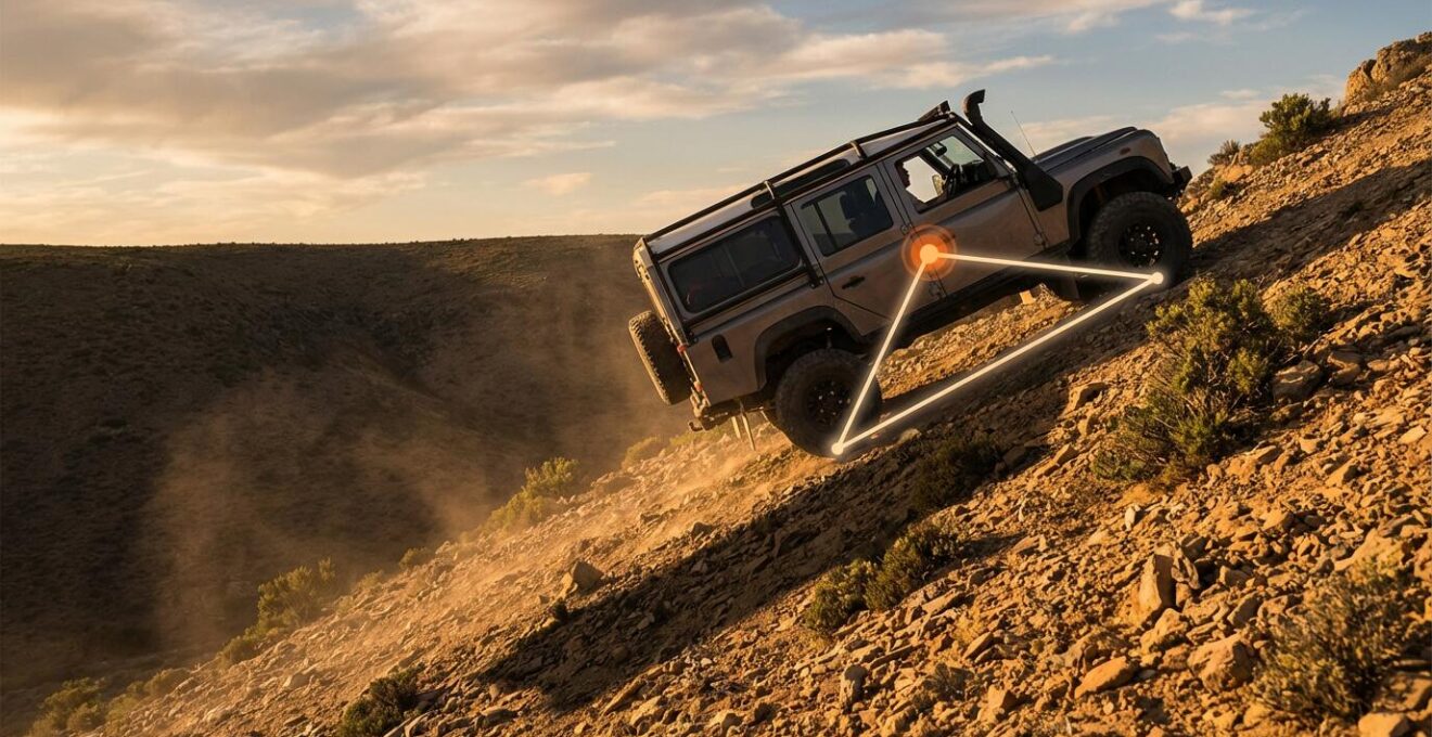 4x4 en position de dévers montrant le centre de gravité et les points d'appui