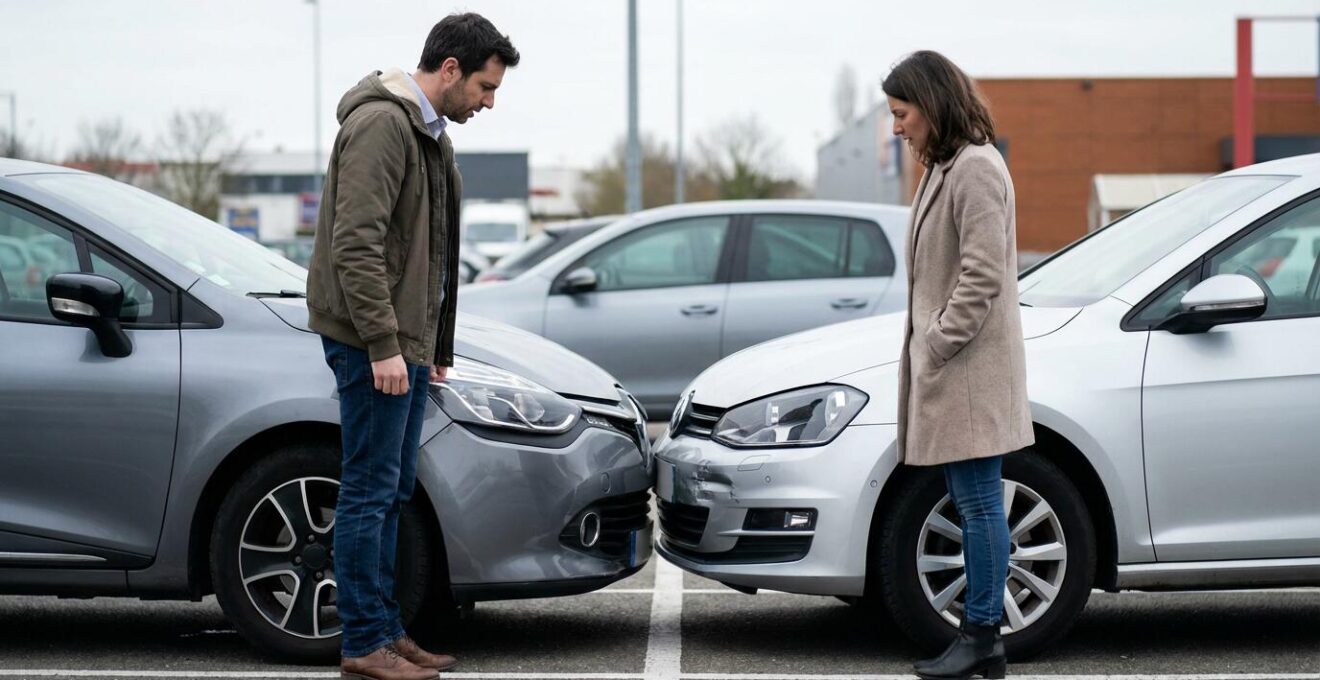Deux conducteurs constatant un accrochage mineur sur un parking extérieur