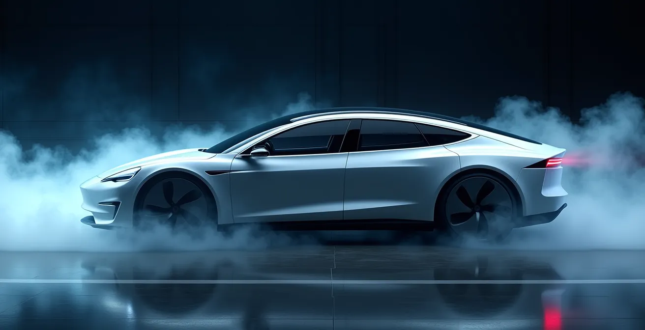 Vue latérale d'une voiture électrique moderne en soufflerie montrant les flux d'air