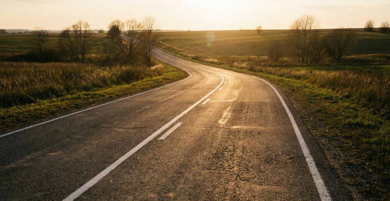 Route de campagne sinueuse avec marquage au sol visible et système de détection de ligne