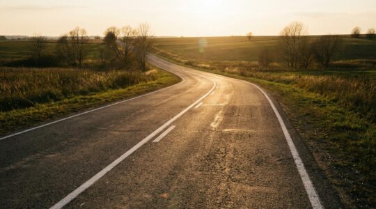 Route de campagne sinueuse avec marquage au sol visible et système de détection de ligne