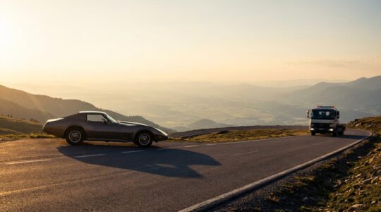 Scène d'assistance routière avec voiture de sport et dépanneuse sur route de campagne