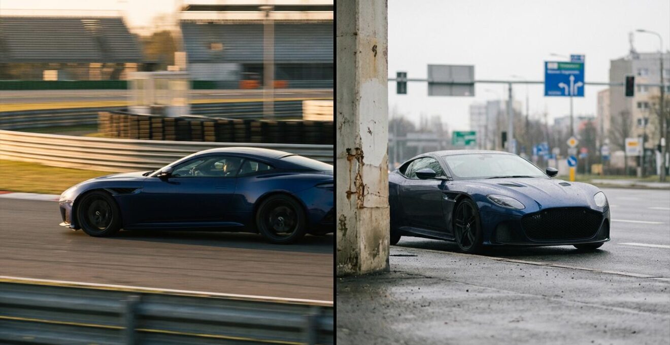Vue comparative d'une voiture sportive sur circuit et sur route publique illustrant la différence d'assurance