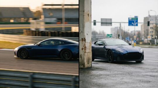Vue comparative d'une voiture sportive sur circuit et sur route publique illustrant la différence d'assurance