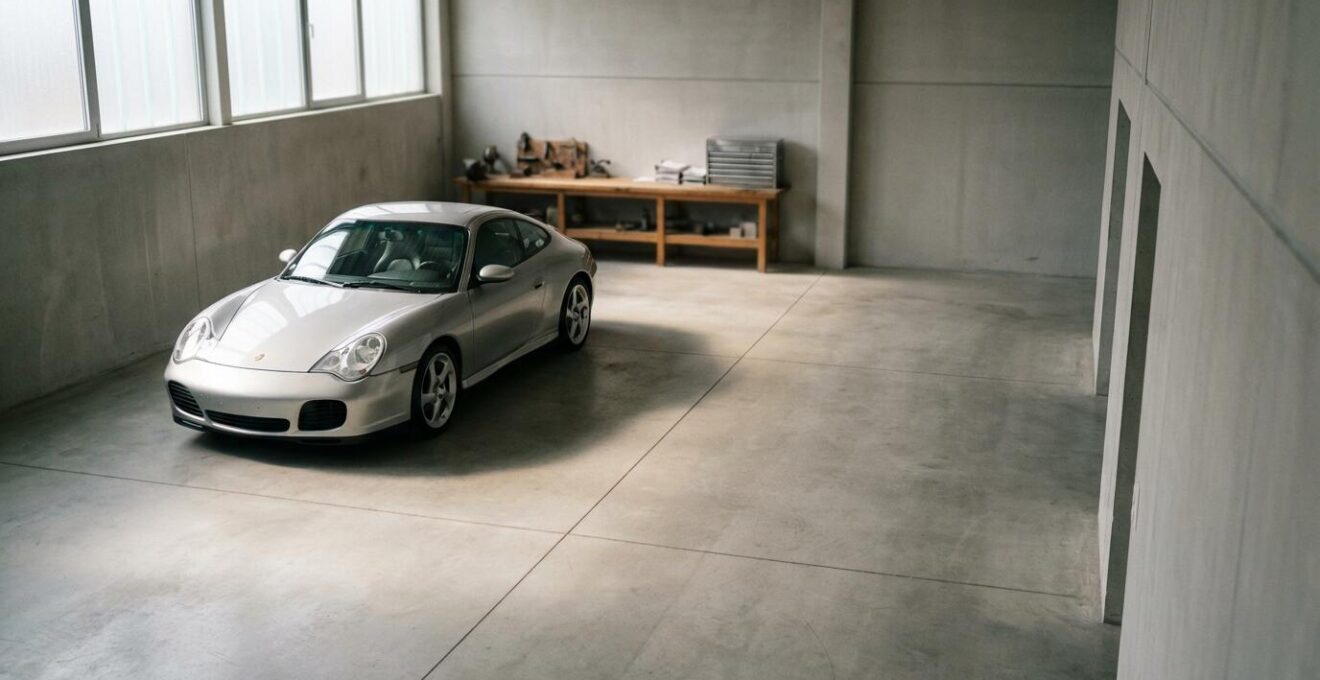 Vue atmosphérique d'une Porsche classique dans un garage avec des outils et documents d'assurance en arrière-plan
