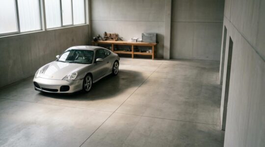 Vue atmosphérique d'une Porsche classique dans un garage avec des outils et documents d'assurance en arrière-plan