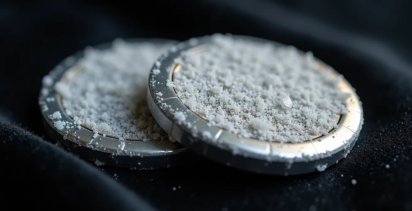 Vue macro de plaques de batterie avec dépôts de sulfate de plomb visibles
