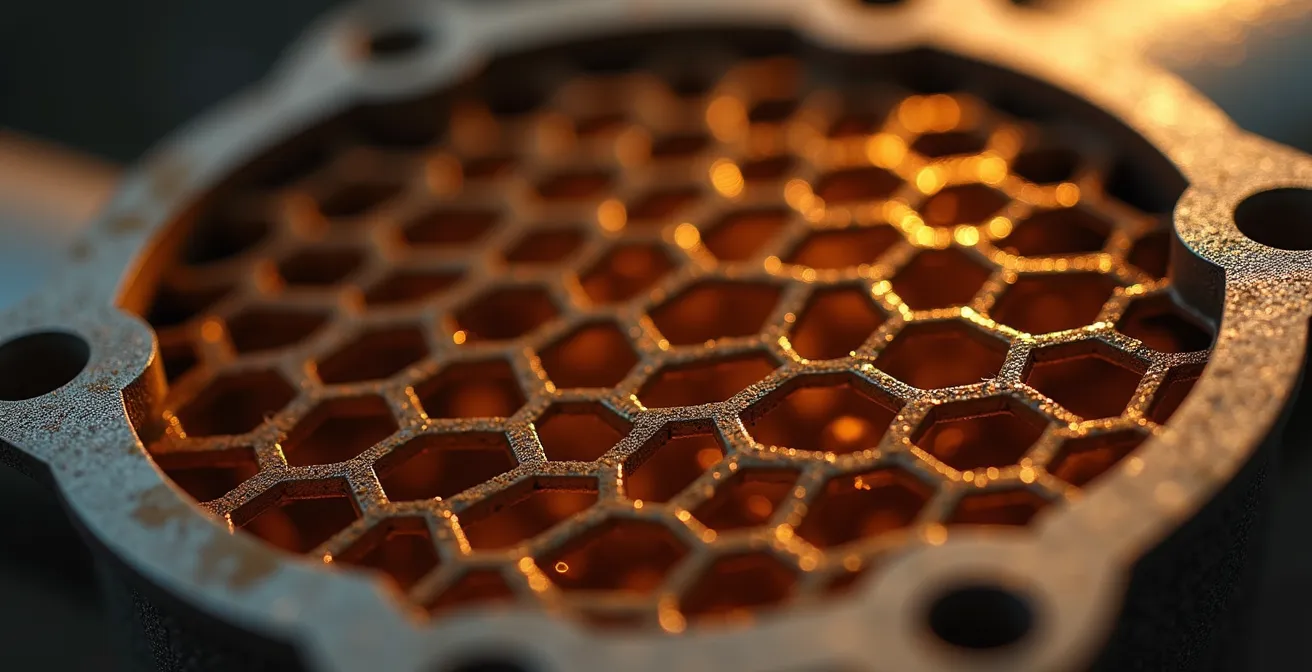 Vue macro de la structure en nid d'abeille d'un catalyseur sport 200 cellules avec flux de gaz