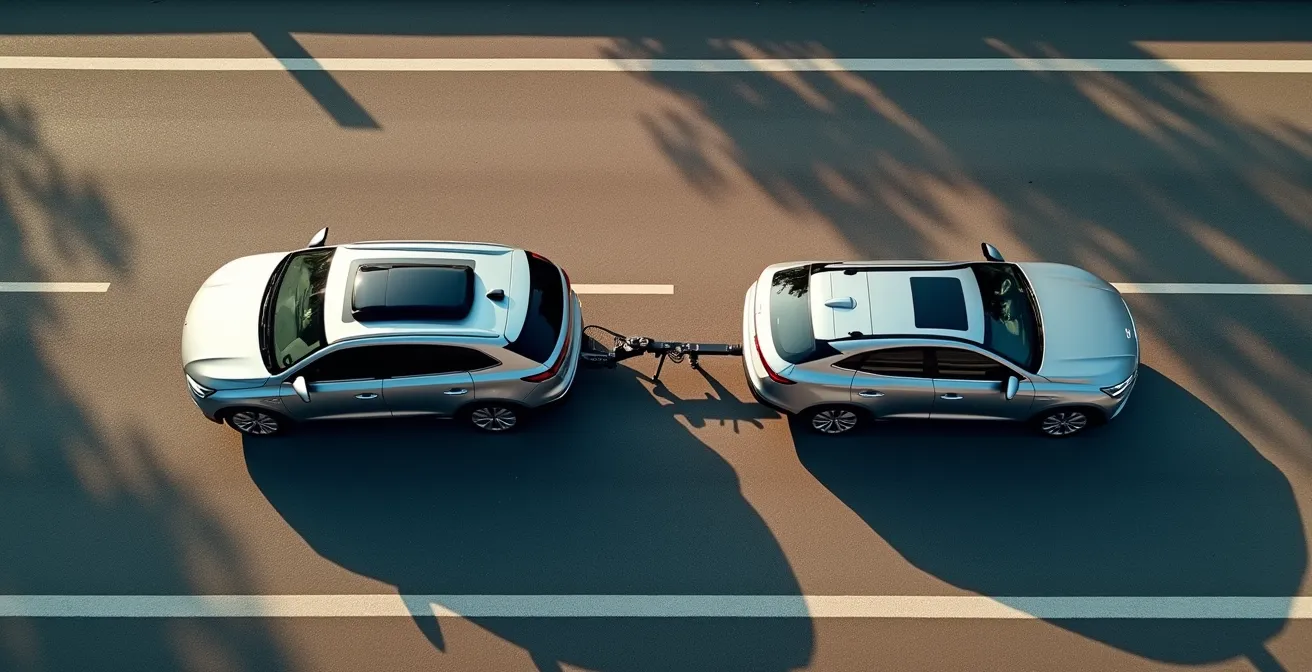 Vue aérienne comparative d'un SUV avec coffre de toit et d'un SUV avec remorque montrant les flux d'air