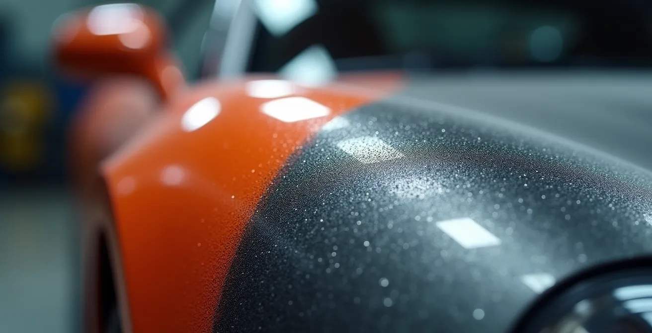 Détail macro d'une surface de carrosserie automobile montrant les différences de qualité