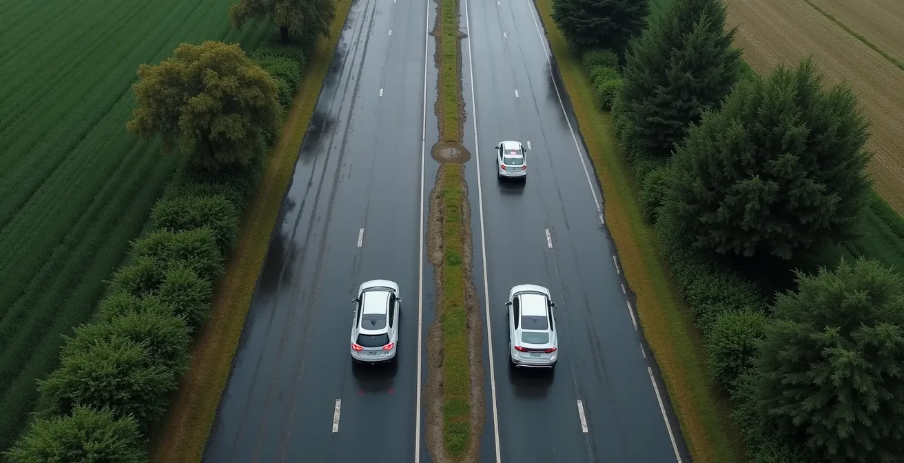 Vue aérienne d'une route montrant visuellement la différence de distance d'arrêt entre conditions sèches et humides