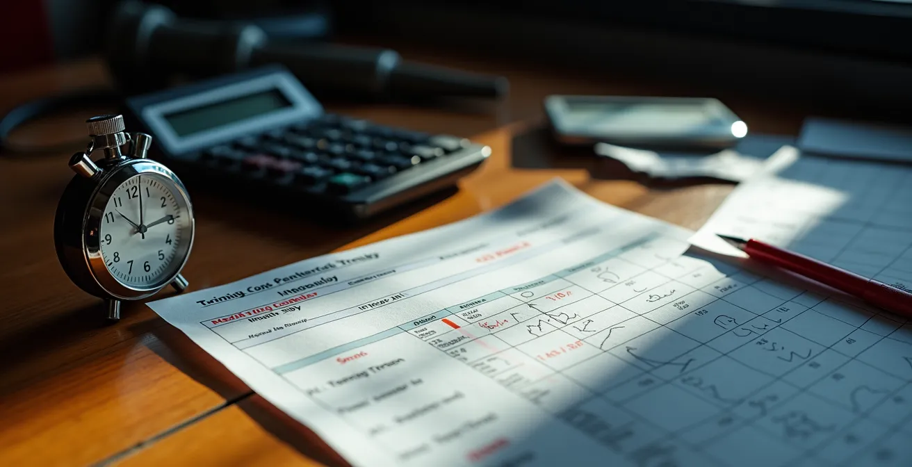 Gros plan sur des documents de facturation automobile avec calculatrice et chronomètre, illustrant l'analyse des temps de main-d'œuvre