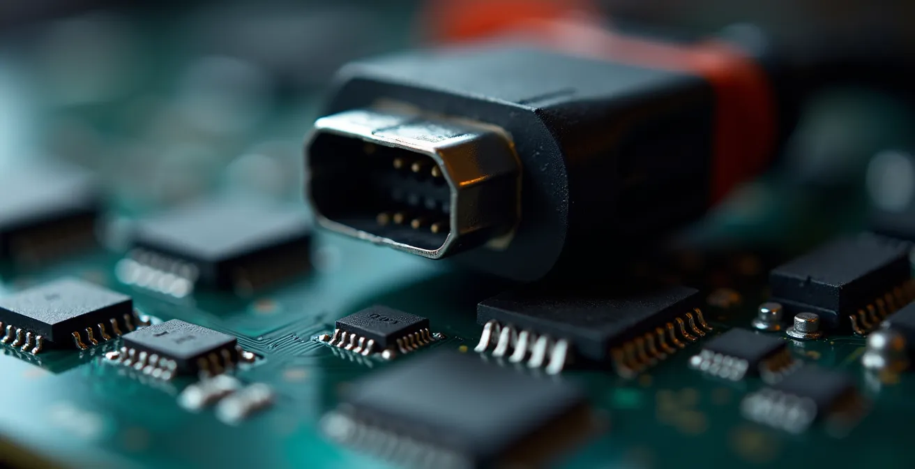 Gros plan sur valise de diagnostic professionnelle connectée à un véhicule