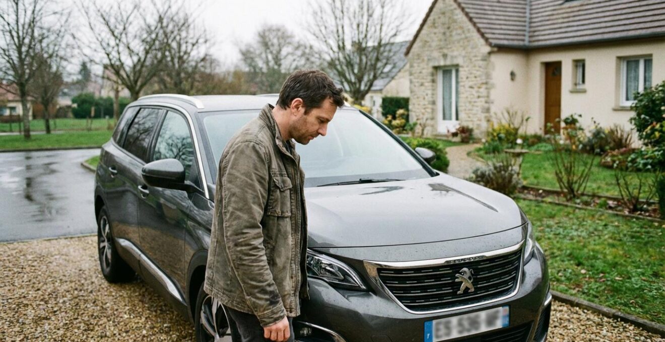 Conducteur français pensif devant son SUV familial garé dans une allée résidentielle - choix assurance auto