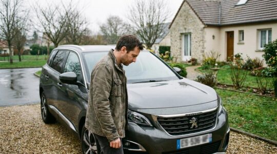 Conducteur français pensif devant son SUV familial garé dans une allée résidentielle - choix assurance auto