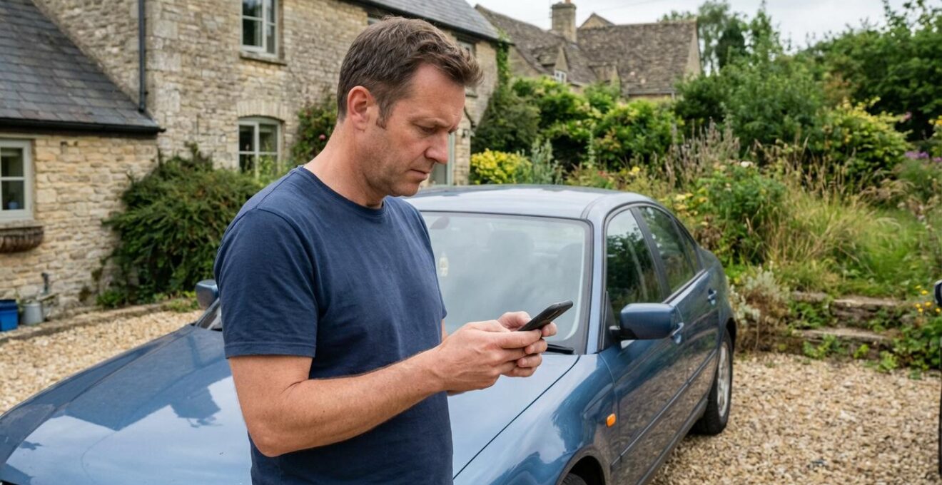 Conducteur consultant son smartphone près de sa voiture familiale pour optimiser son assurance auto