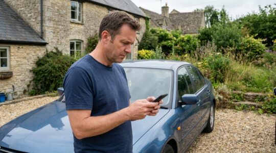 Conducteur consultant son smartphone près de sa voiture familiale pour optimiser son assurance auto
