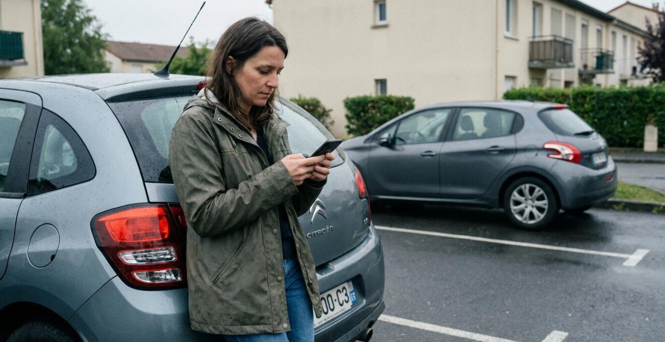 Conductrice près de sa voiture dans un parking résidentiel réfléchissant à son assurance auto