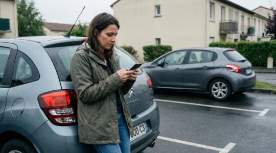 Conductrice près de sa voiture dans un parking résidentiel réfléchissant à son assurance auto