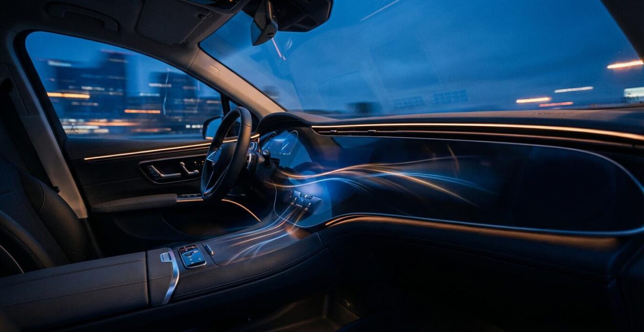 Intérieur moderne de voiture avec tableau de bord numérique lumineux et connexions réseau symbolisées par des ondes lumineuses