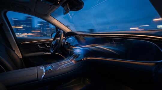Intérieur moderne de voiture avec tableau de bord numérique lumineux et connexions réseau symbolisées par des ondes lumineuses