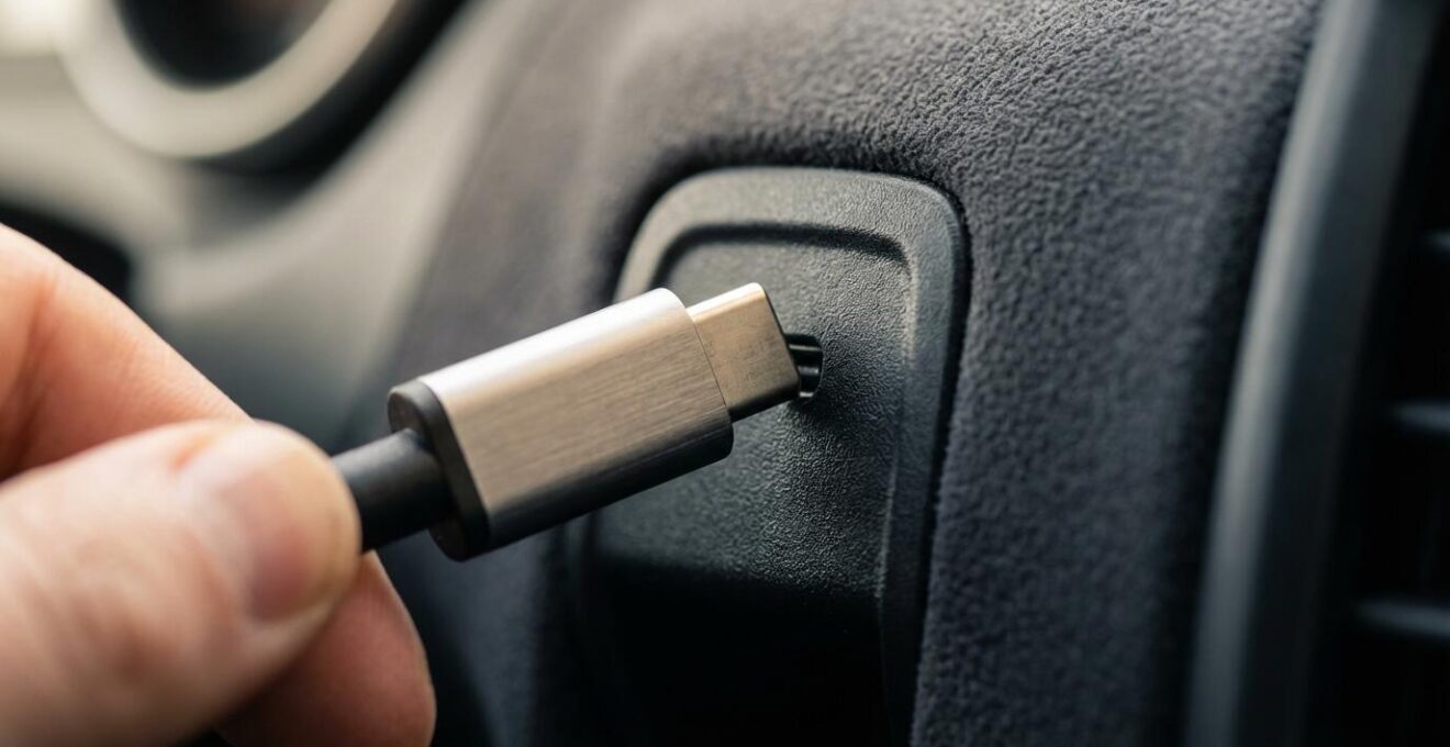 Gros plan sur une main tenant un câble USB près d'un port de connexion automobile avec éclairage tamisé