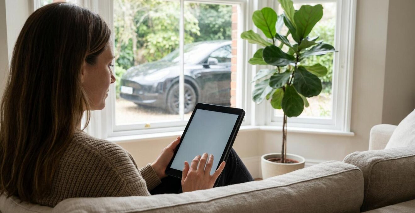 Propriétaire consultant son contrat d'assurance voiture électrique sur tablette