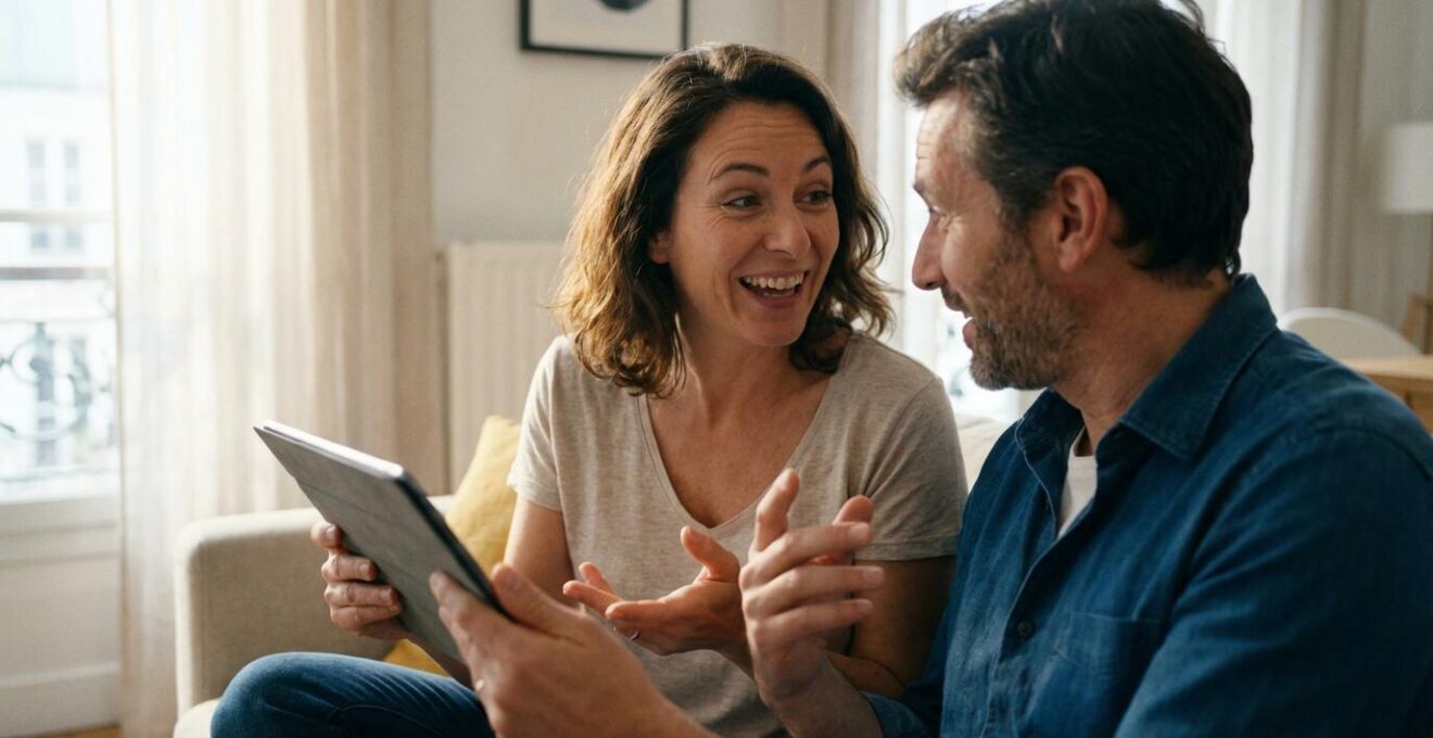 Couple français comparant des offres d'assurance auto sur tablette dans leur salon