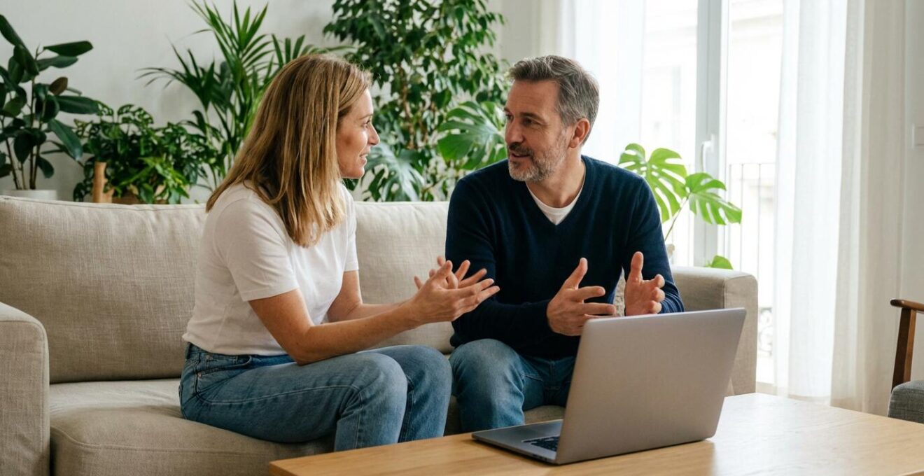 Couple en discussion dans leur salon pour optimiser leur budget assurance auto