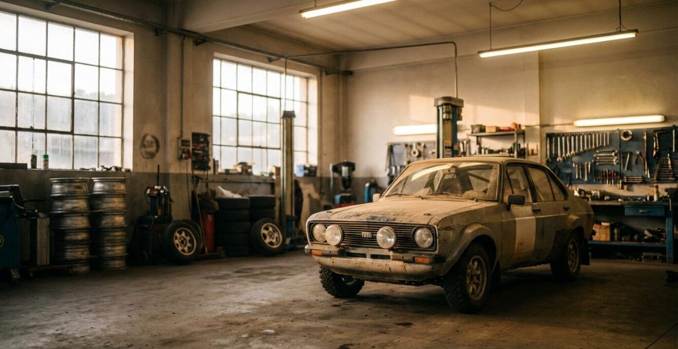 Voiture de rallye historique préparée pour la compétition dans un garage avec équipements techniques
