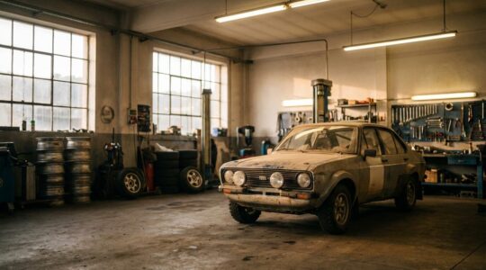 Voiture de rallye historique préparée pour la compétition dans un garage avec équipements techniques