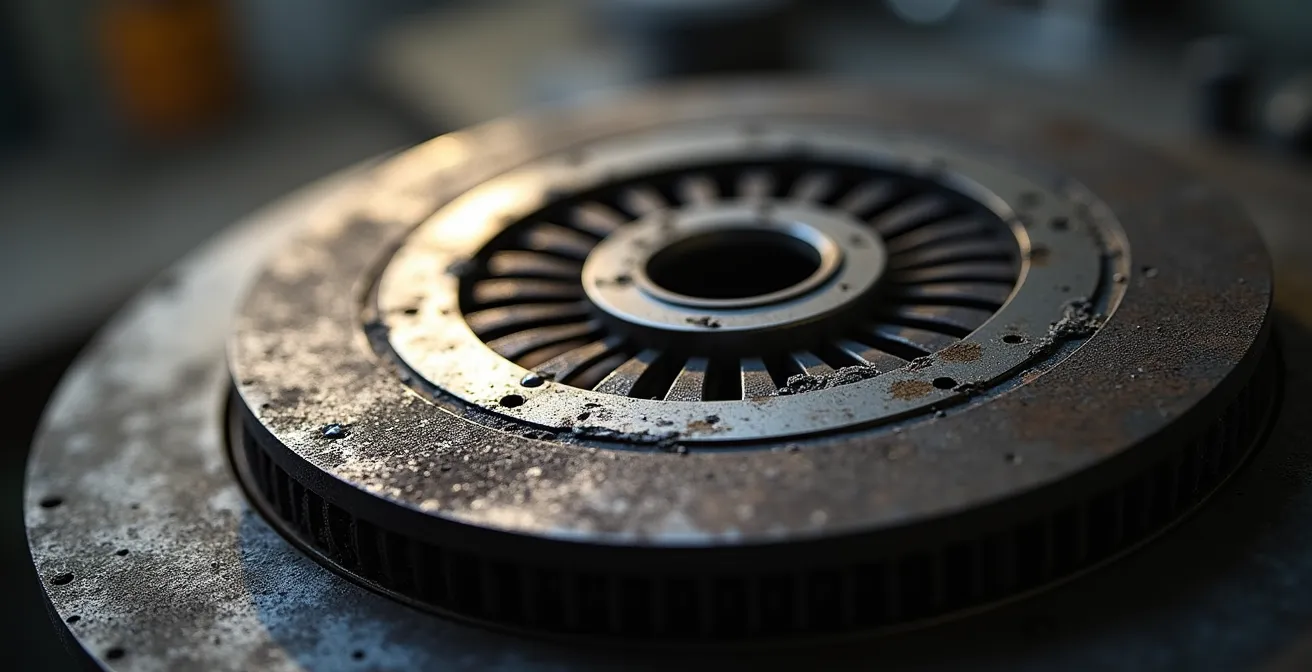 Détail macro d'un disque d'embrayage usé par excès de couple après reprogrammation