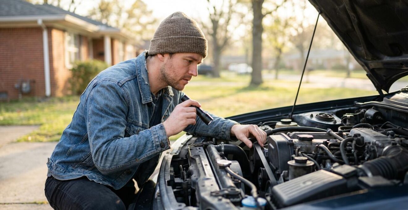 Inspection du compartiment moteur d'une voiture d'occasion lors d'un essai routier
