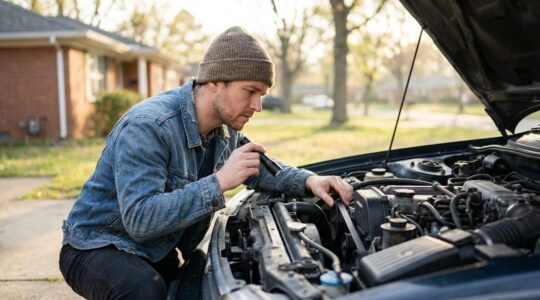 Inspection du compartiment moteur d'une voiture d'occasion lors d'un essai routier