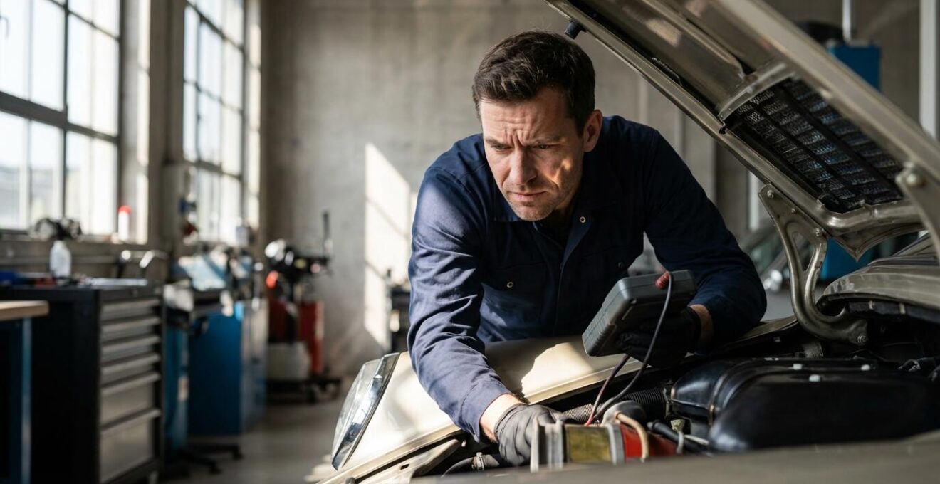 Expert automobile inspectant une Porsche classique avec outils de diagnostic