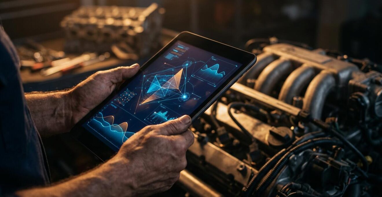 Mécanicien tenant une tablette numérique montrant des données d'entretien dans un atelier