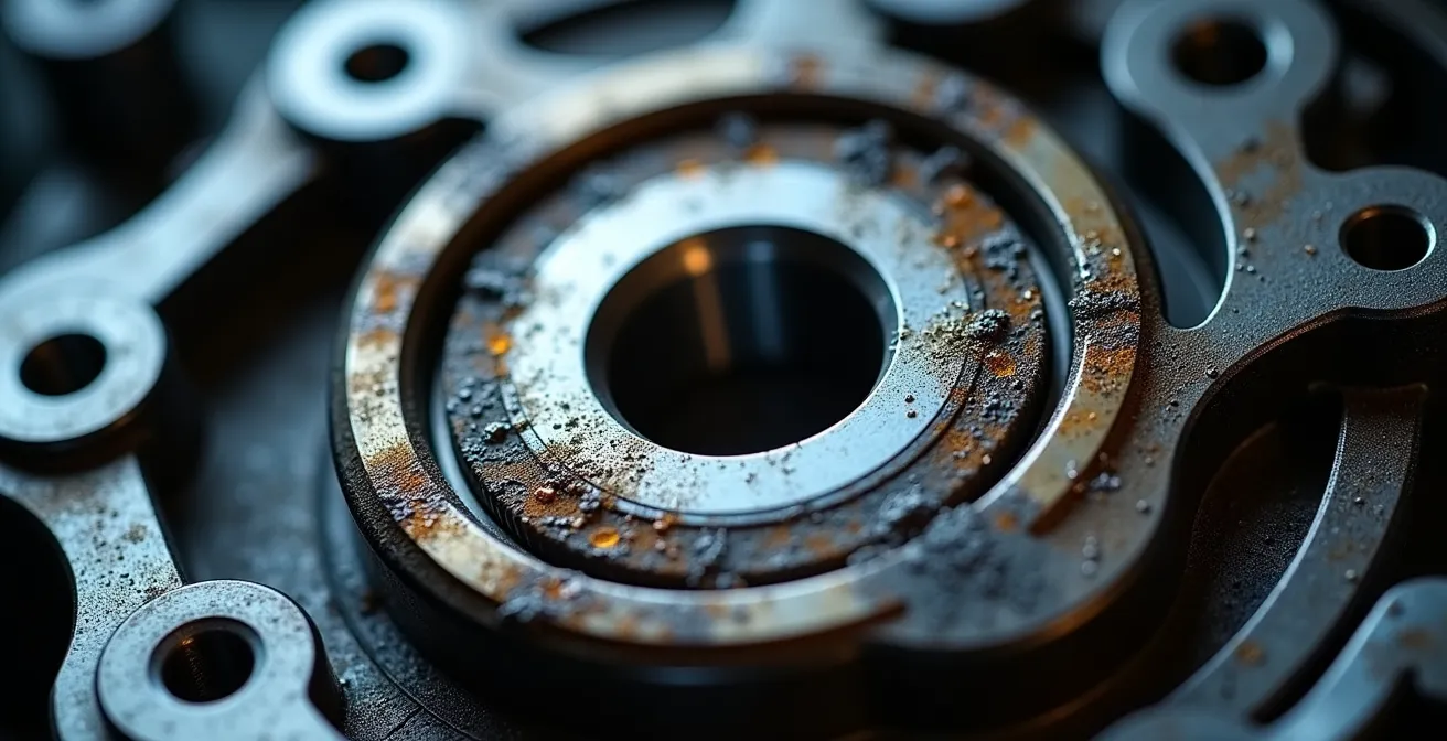 Vue microscopique d'un coussinet de bielle avec film d'huile