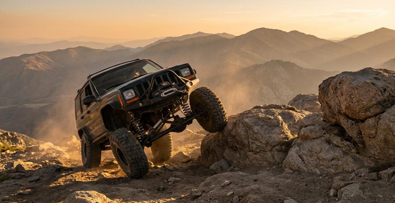 Véhicule 4x4 en franchissement extrême sur terrain rocheux avec suspension travaillant à pleine course