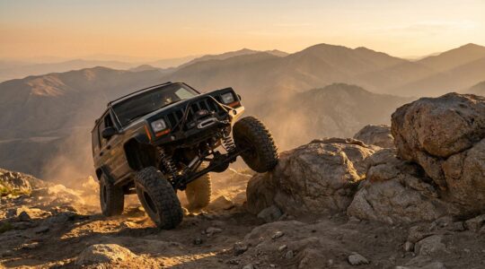 Véhicule 4x4 en franchissement extrême sur terrain rocheux avec suspension travaillant à pleine course