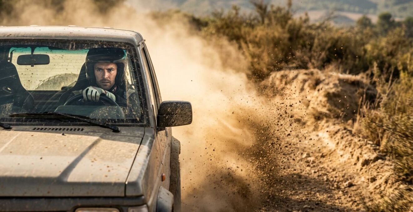 4x4 en glisse contrôlée sur piste de terre en virage, projection de graviers