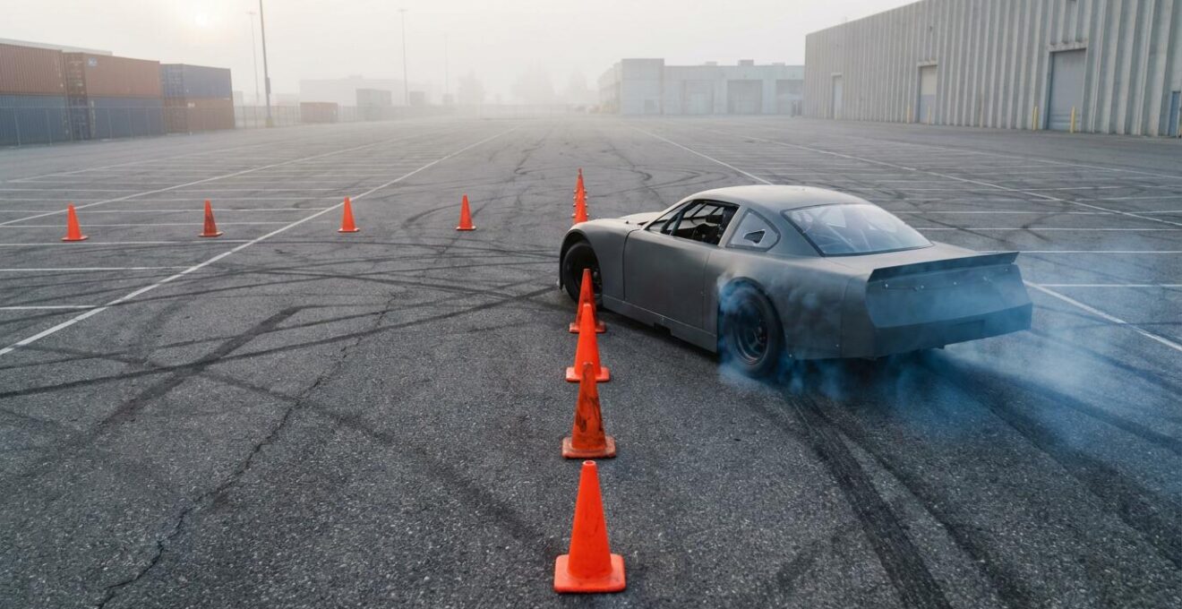 Voiture de sport en plein virage serré avec marquage au sol visible et léger voile de fumée