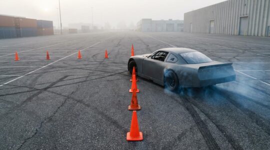 Voiture de sport en plein virage serré avec marquage au sol visible et léger voile de fumée