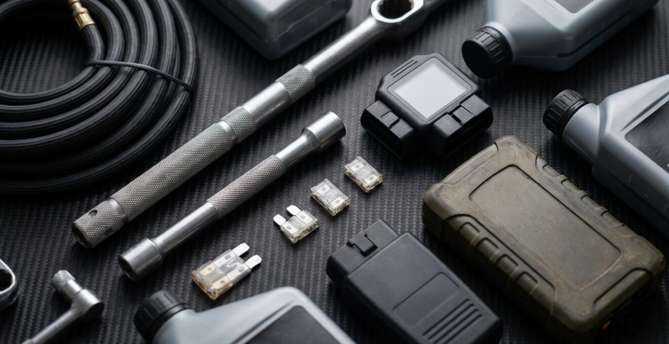 Kit d'outils et pièces de rechange organisés pour voyage en voiture sportive
