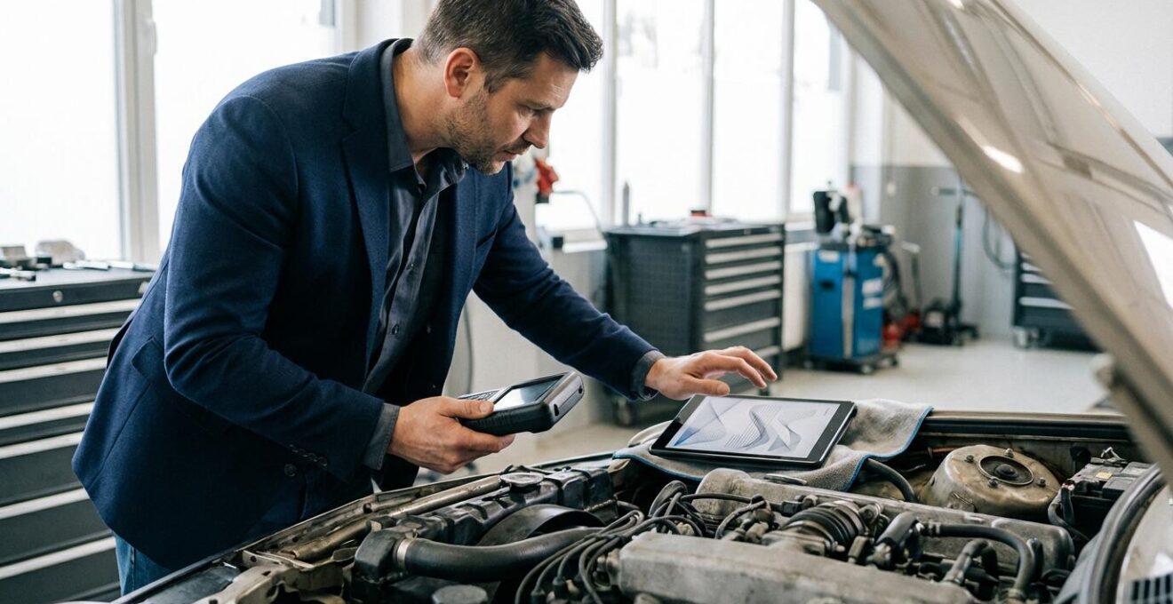 Expert automobile examinant un moteur dans un garage moderne avec documents juridiques sur une tablette