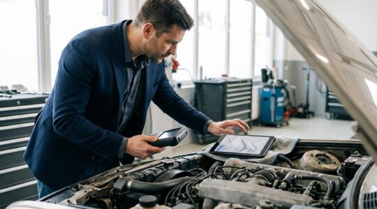 Expert automobile examinant un moteur dans un garage moderne avec documents juridiques sur une tablette
