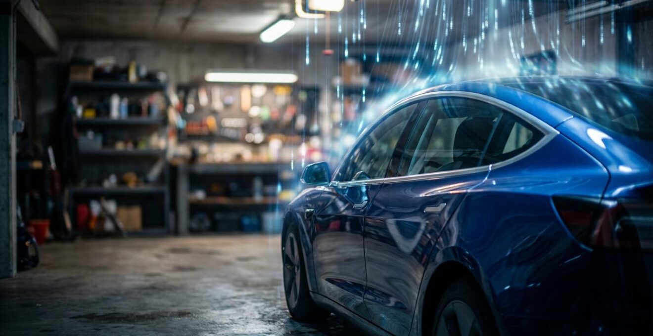 Vue latérale d'une voiture moderne garée sous un abri avec des ondes lumineuses symbolisant une connexion sécurisée