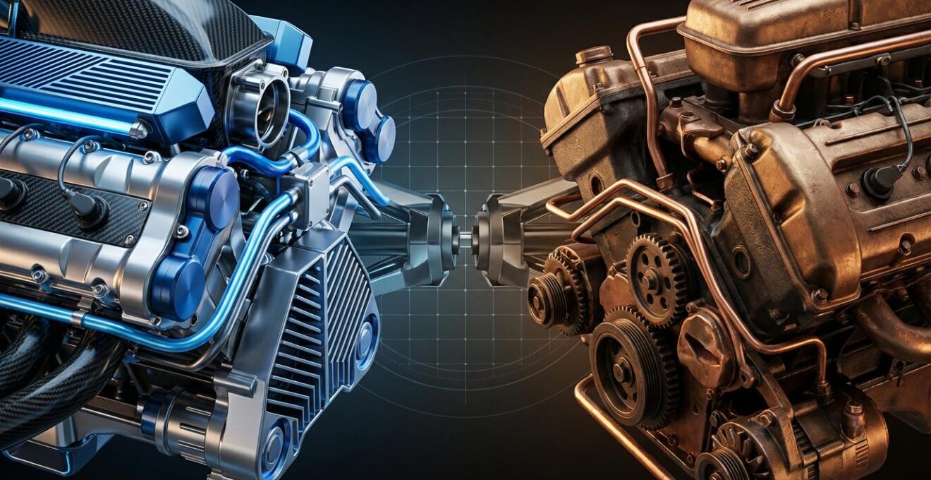 Analyse comparative entre moteur hybride de Formule 1 et système moteur conventionnel, montrant la complexité technologique