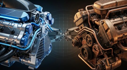 Analyse comparative entre moteur hybride de Formule 1 et système moteur conventionnel, montrant la complexité technologique