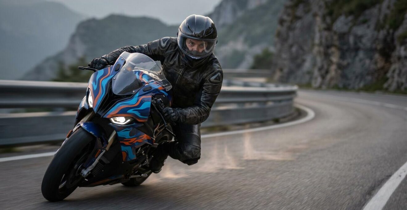 Moto sportive en virage avec système ABS actif
