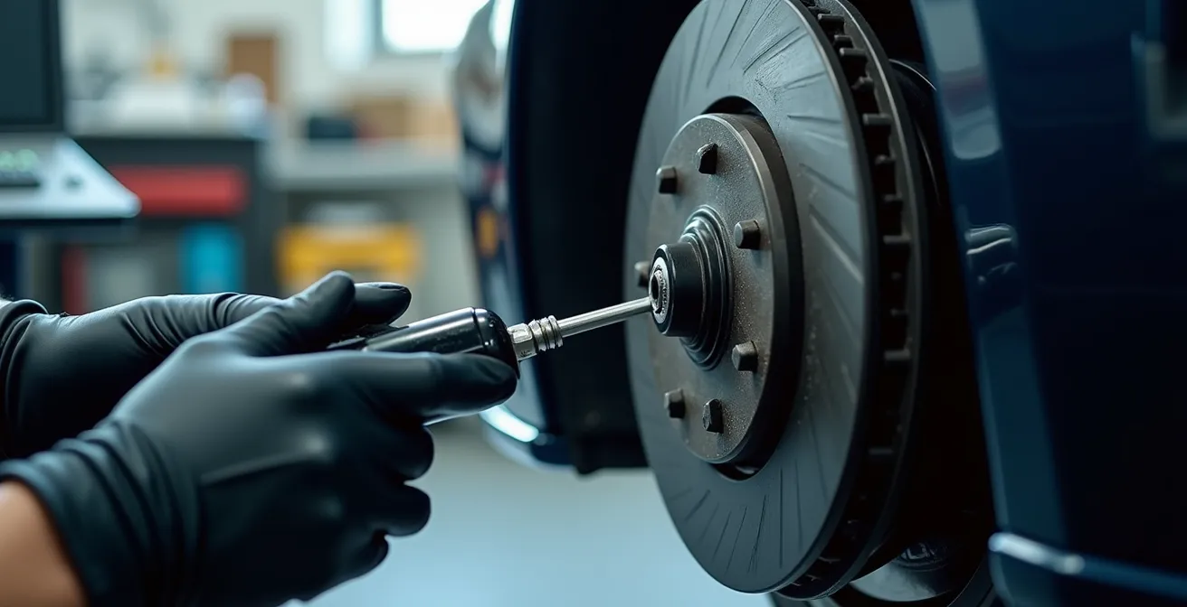 Technicien utilisant un outil de diagnostic Carboteq sur un disque de frein carbone-céramique